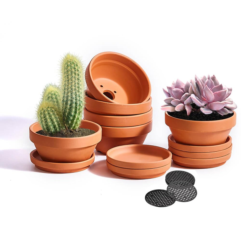 NiSevenLiving 5-inch shallow terracotta pot close-up highlighting breathable clay texture ideal for succulents.