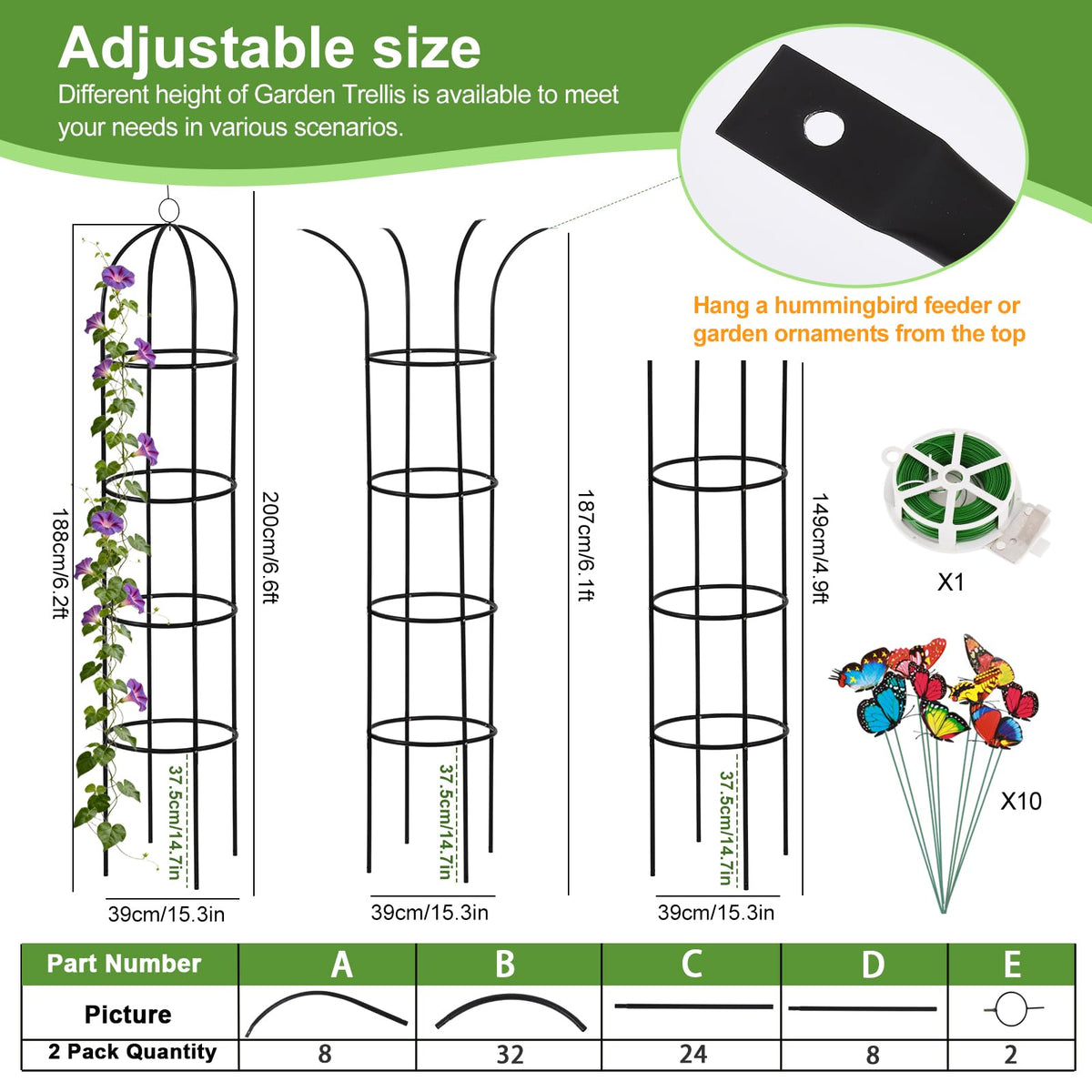 Nisoger tall garden trellis top ring design adds decorative support for plants.