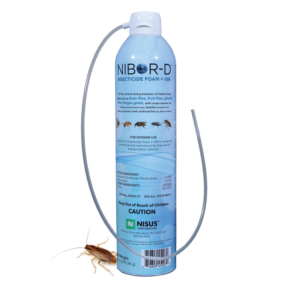 Nisus Nibor-D foam can front for quick indoor pest control.