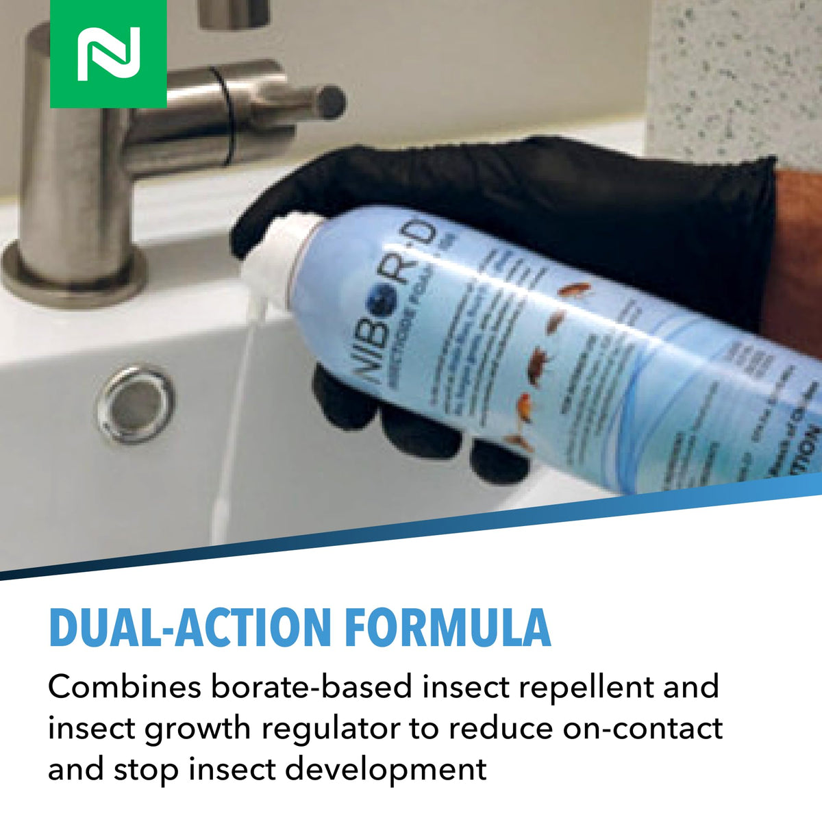 Nisus Nibor-D foam label close-up highlighting dual-action formula.