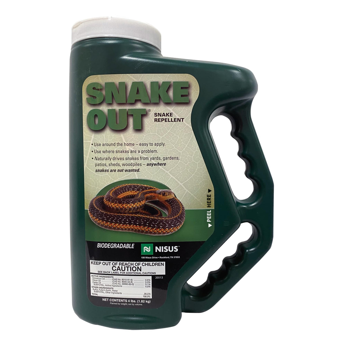 Nisus Snake Out bottle showcases natural ingredients for outdoor deterrence.