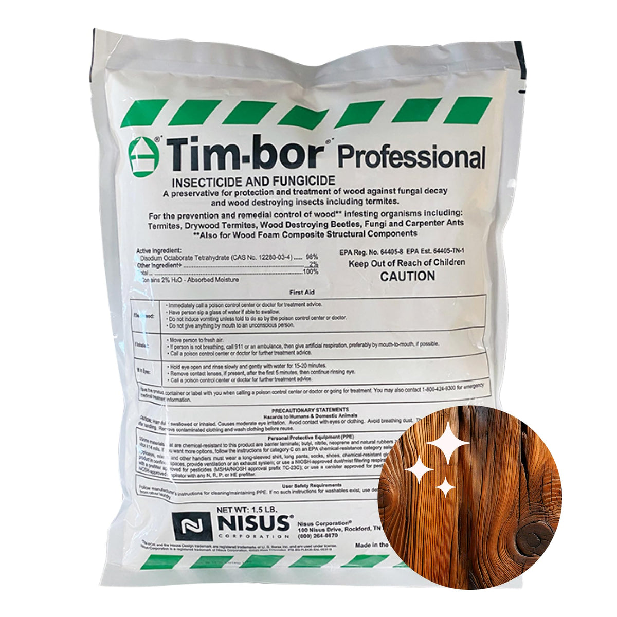Nisus Tim-Bor Professional dust application on wood surfaces for long-lasting decay and insect control.