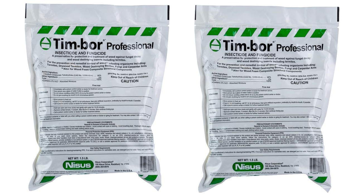 Nisus Tim-Bor Professional dust protects wood from fungi and wood-destroying insects in interiors and exteriors.