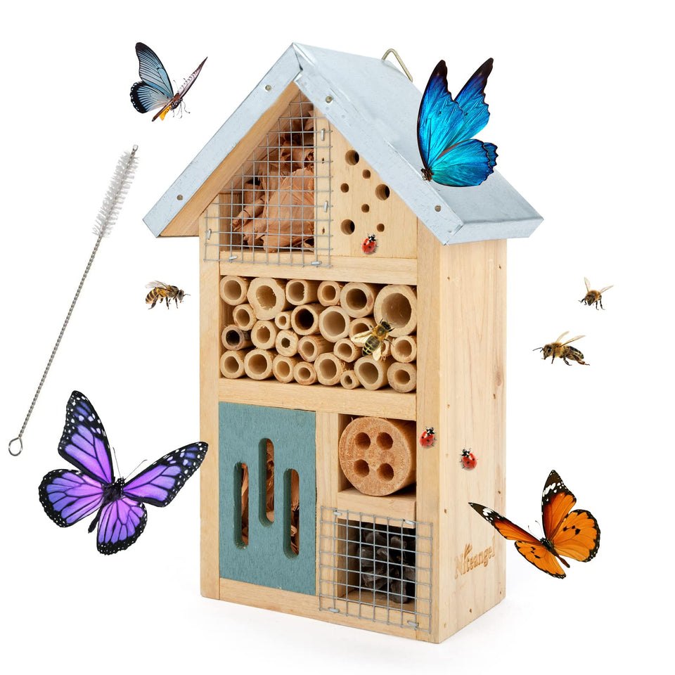 Niteangel insect hotel exterior on wood, inviting beneficial insects