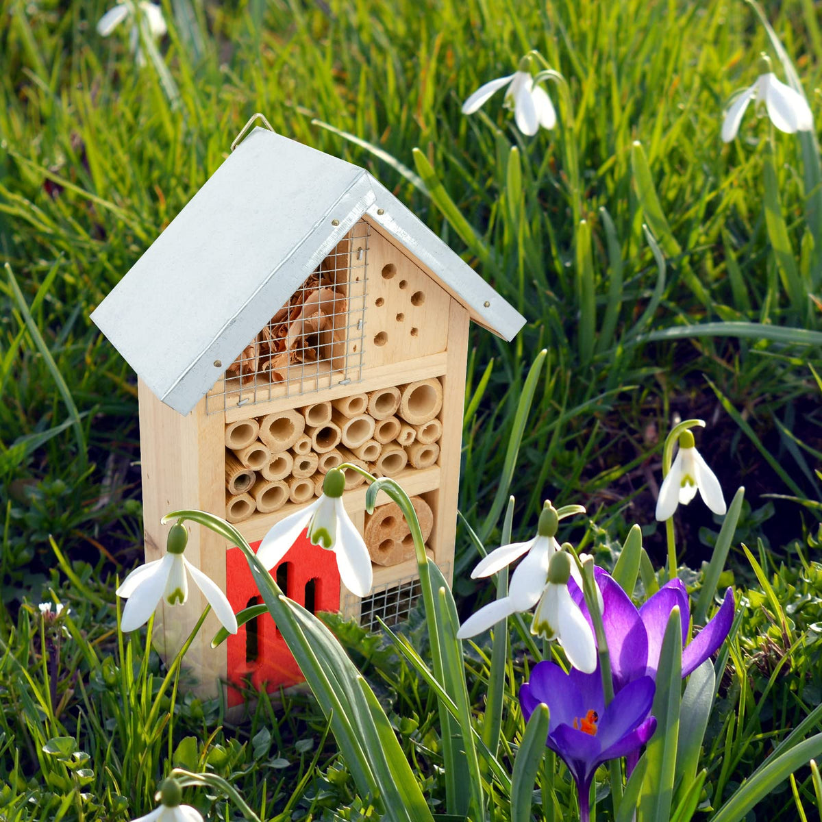 Niteangel insect hotel side view highlighting wood and bamboo compartments