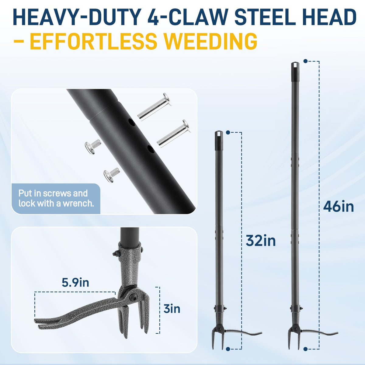 Niulight four-claw steel head grips deep roots for thorough weed removal.