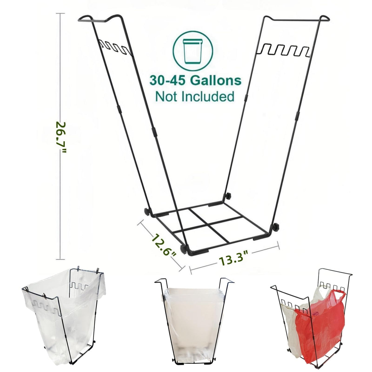 Niurui 30-45 gallon capacity suits leaves and clippings outdoors.