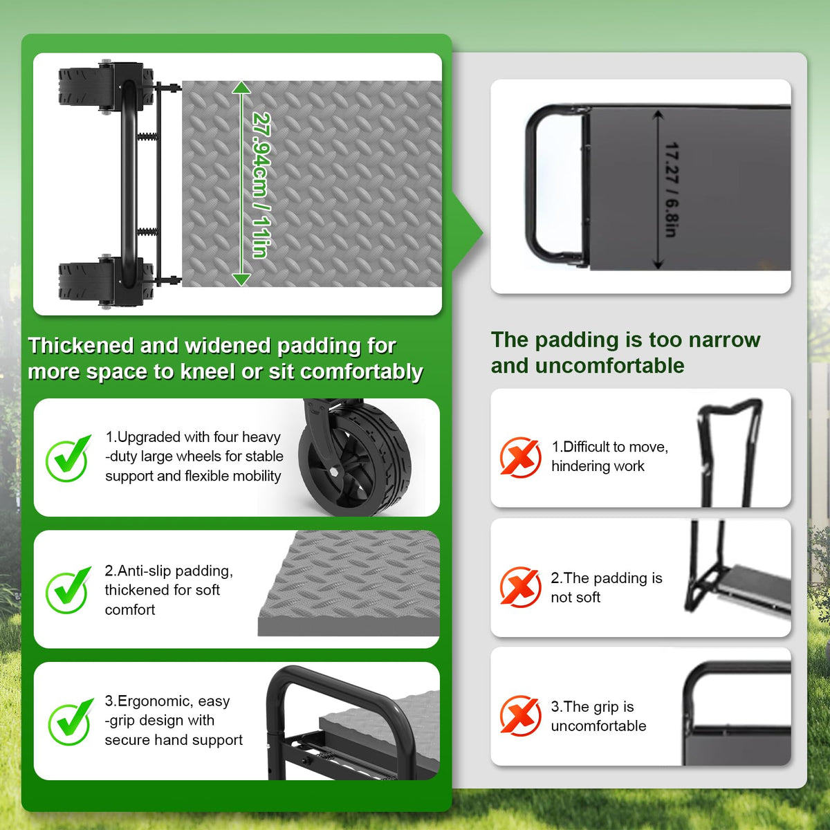 NIUXX all-terrain wheels grip wet grass for smooth movement.