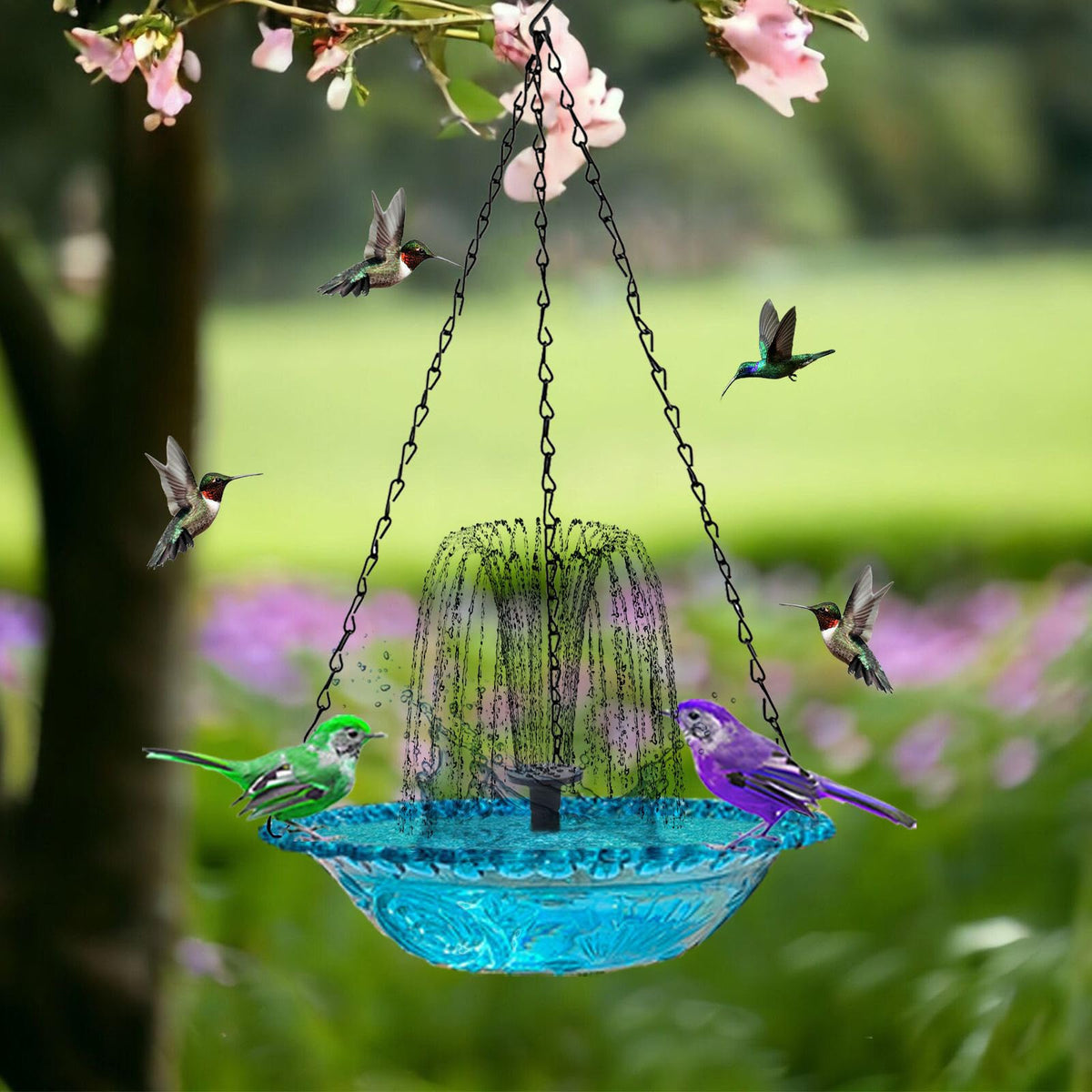 Nixegym solar-powered birdbath hanging with a sparkling sunlit cascade.