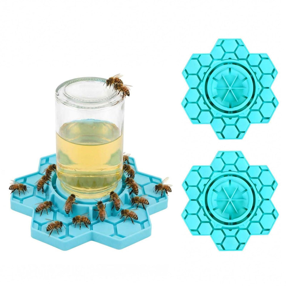 NIZEFEI bee watering station attached to a blue Mason jar for steady hydration