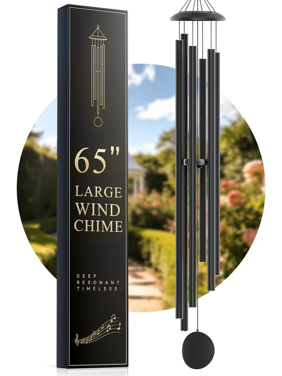 Njeury 65-inch wind chime closeup with deep outdoor tone.