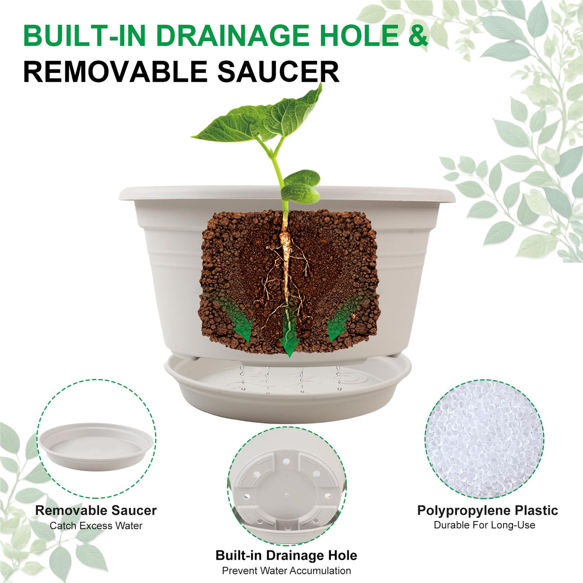 NNARRE 10-inch pots with drainage holes and tray for clean watering.