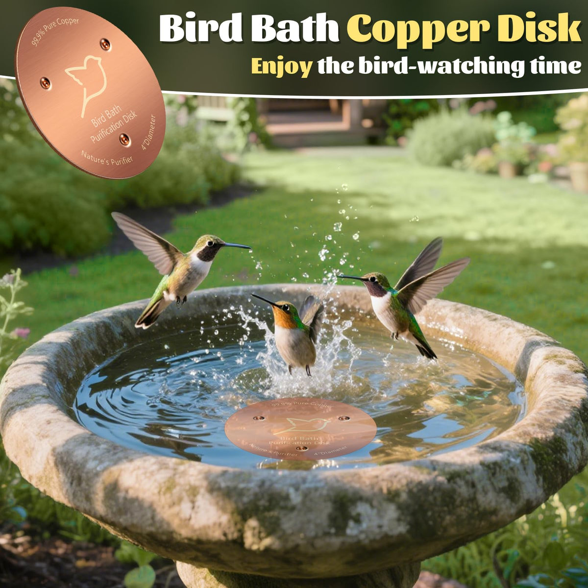 NNG outdoor birdbath system with copper disk for year-round use
