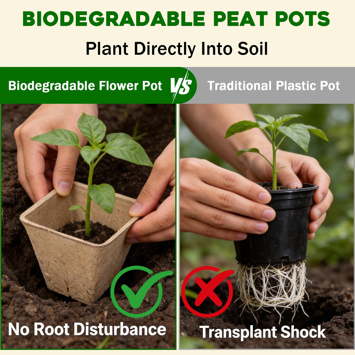 NNG peat pots made from plant-based pulp facilitate gentle transplanting.