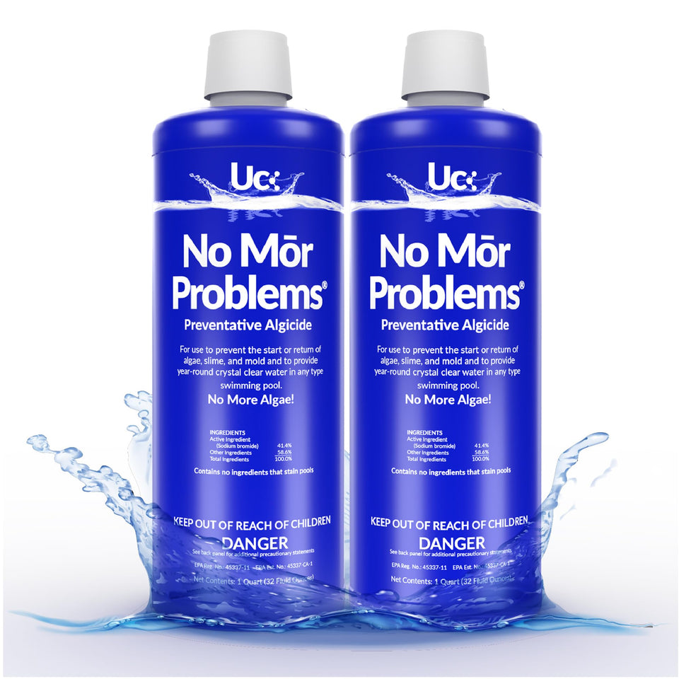 No Mor Problems algaecide 2qt bottle for easier algae prevention and cleaner pool water.