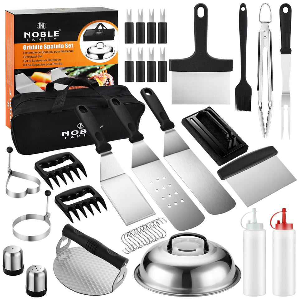 Noble Family flat-top grill accessories set in packaging for outdoor use