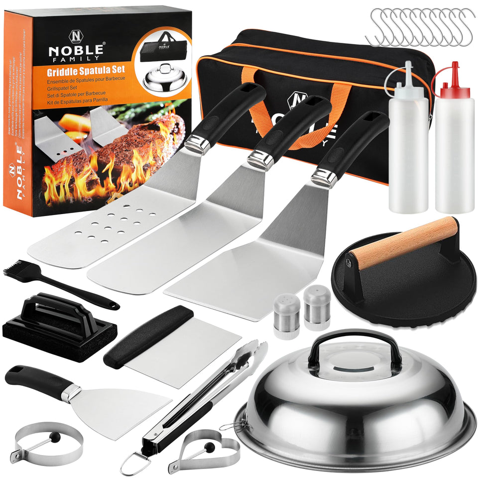 Noble Family long griddle spatula for precise flipping and heat control.