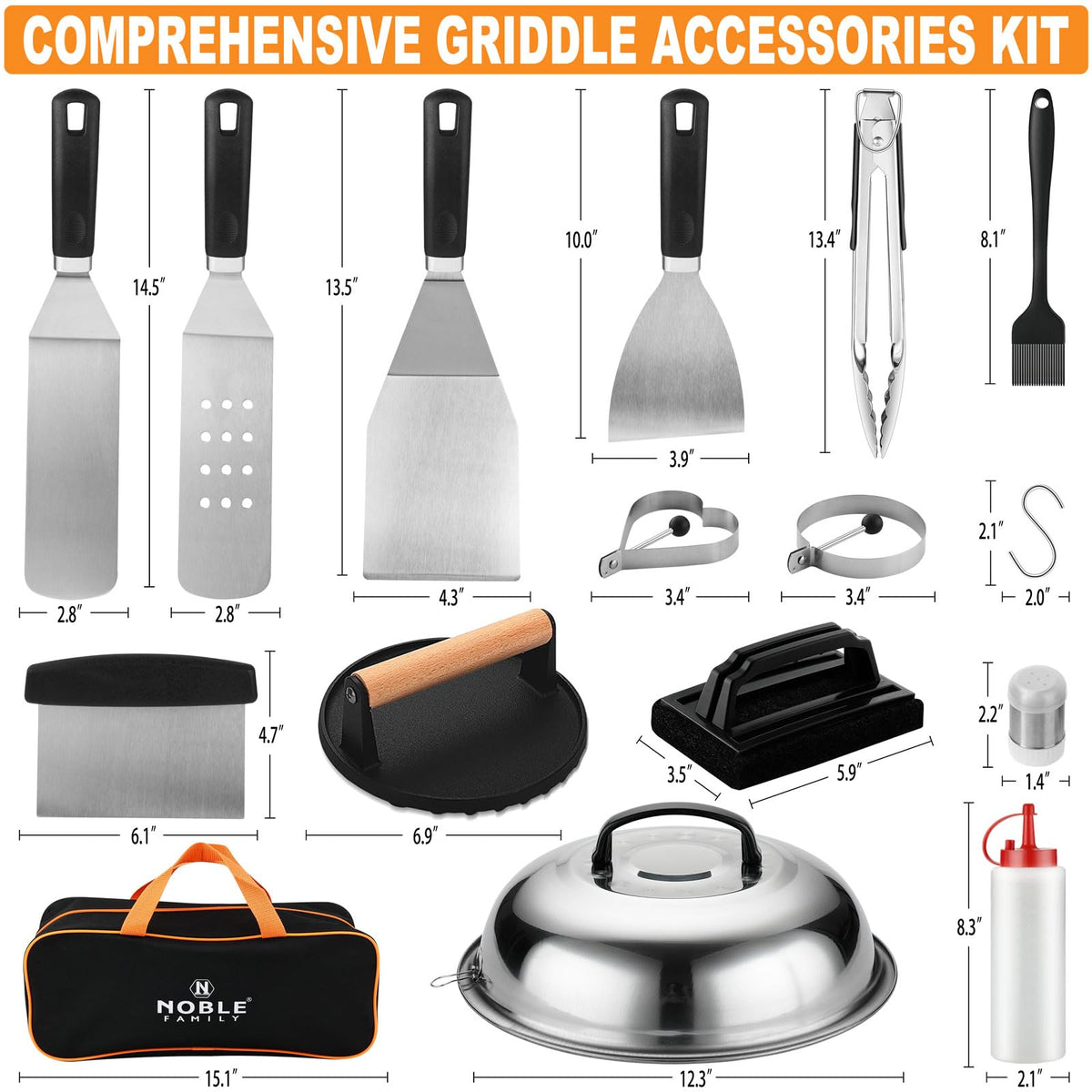 Noble Family slotted griddle spatula for draining juices during cooking.
