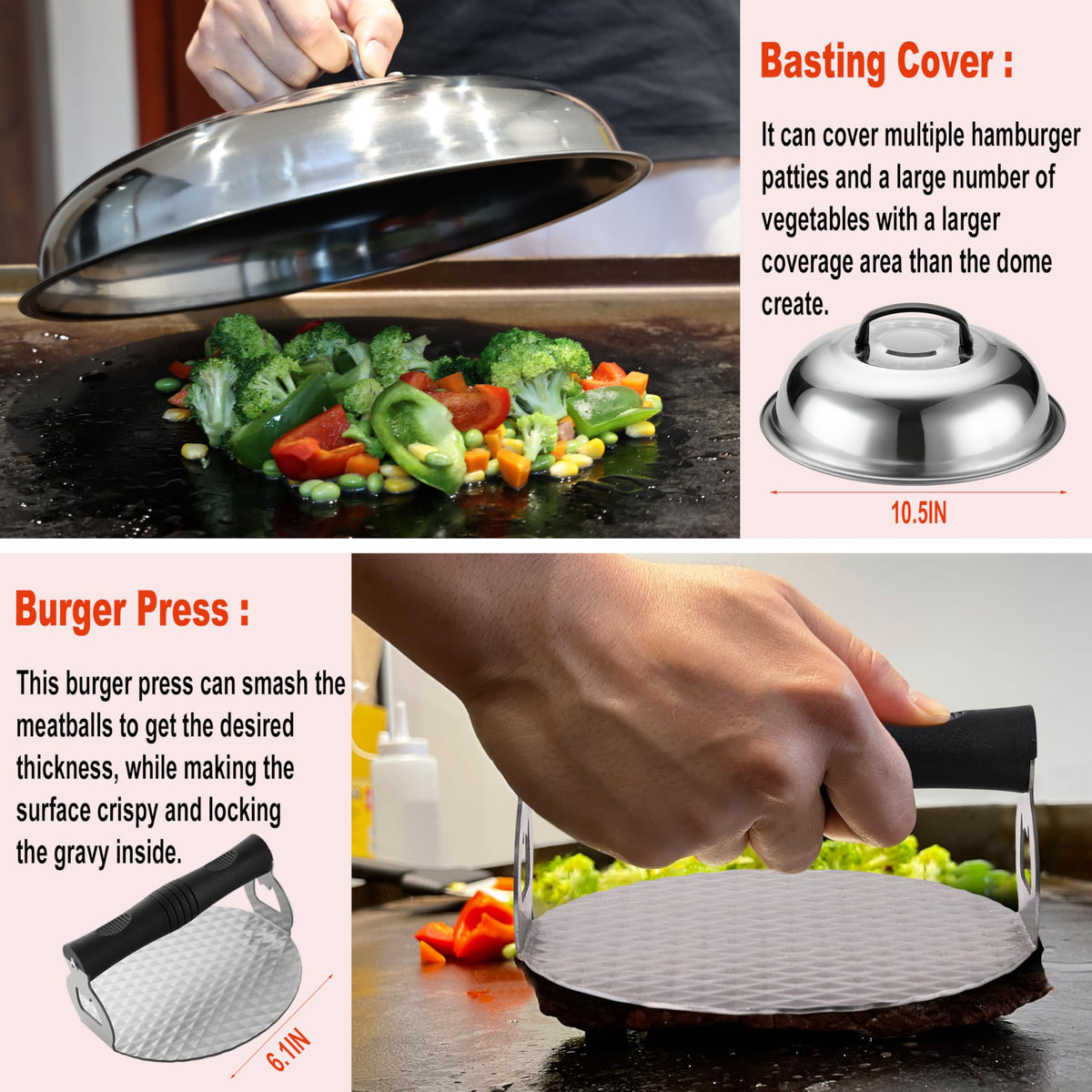 Noble Family long-rounded griddle spatula in action for safe flips on hot surface