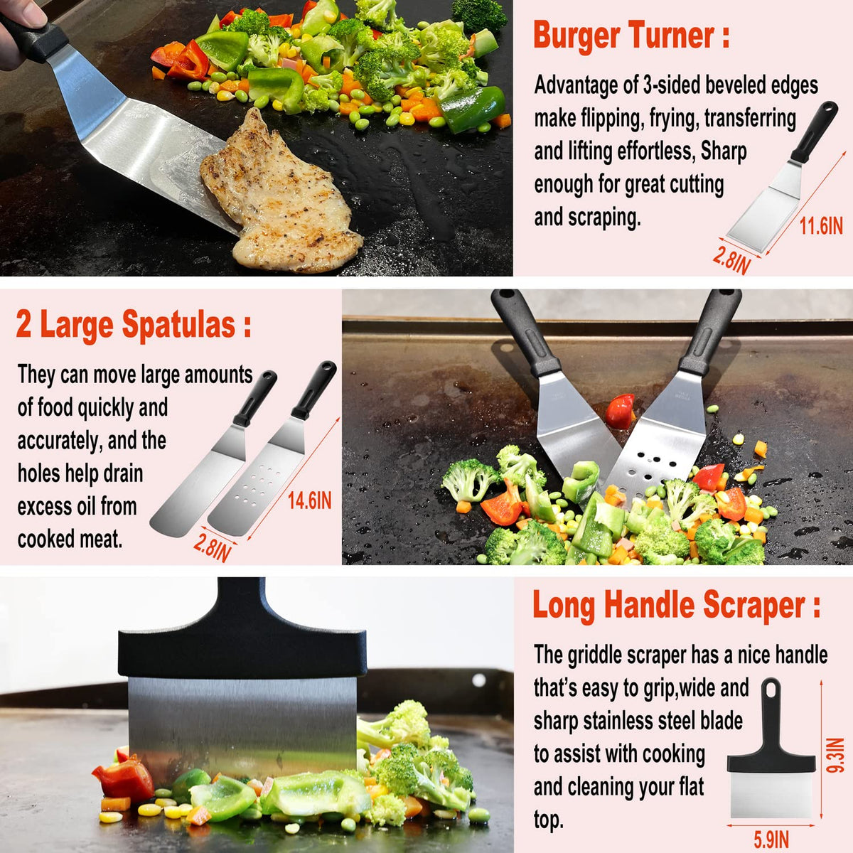 Noble Family short-edged griddle spatula with three-edged side for precise cutting