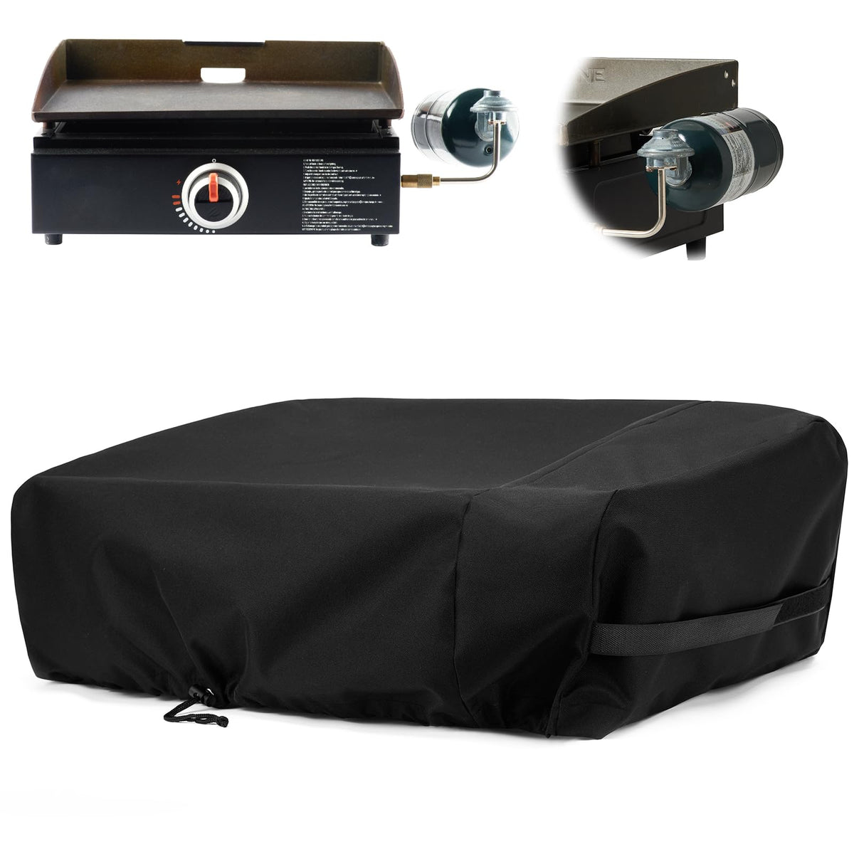 NOELIFE grill cover on Blackstone 17-inch front view protects from rain and dust.