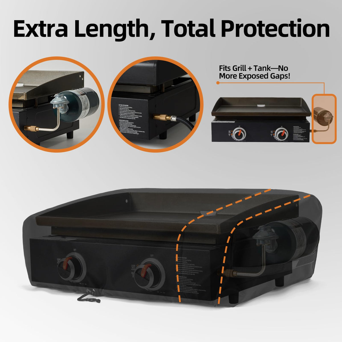 NOELIFE grill cover on Blackstone 17-inch, side view, protects gas connector from moisture.