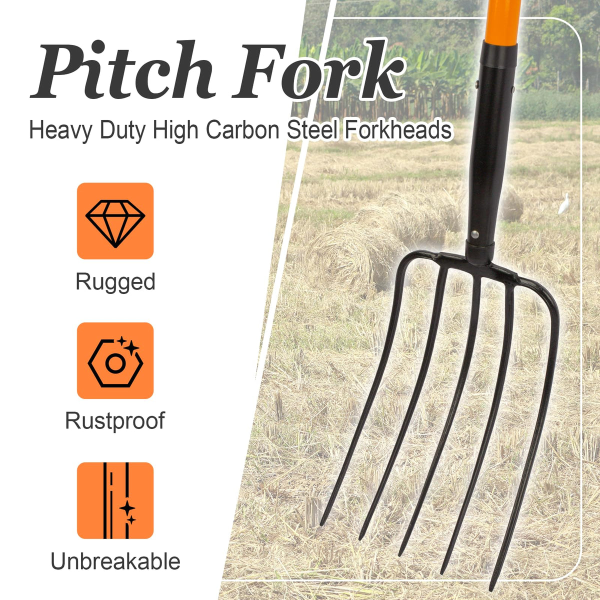 Nohovu pitchfork carbon steel head with rust-resistant coating for durability.