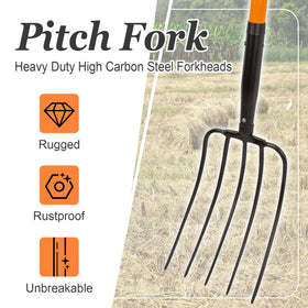 Nohovu pitchfork carbon steel head with rust-resistant coating for durability.