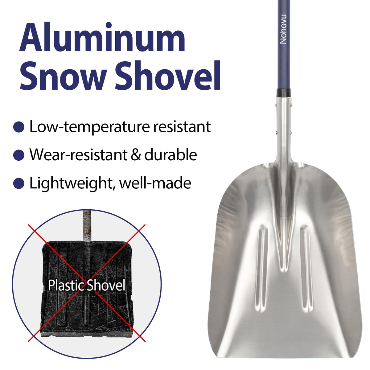 Nohovu aluminum snow shovel head measures 14 inches for efficient large area snow removal.