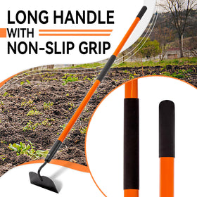 Nohovu garden hoe with rust-resistant coating protects blade in damp soil.