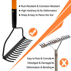 Nohovu Garden Rake bow design for broader soil coverage