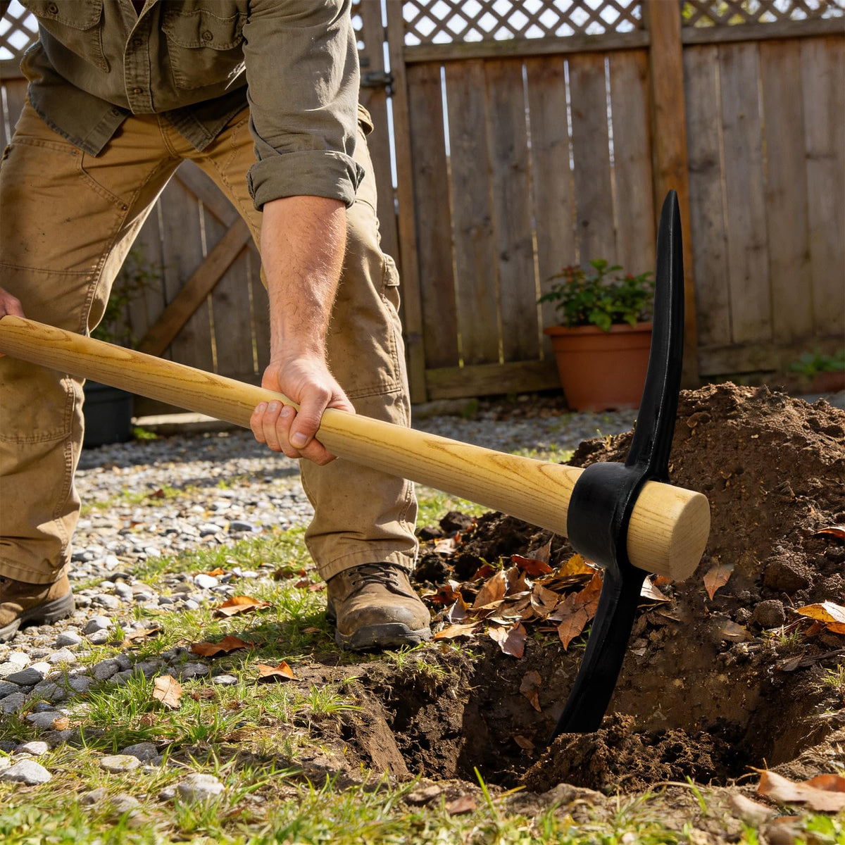 Nohovu pickaxe balanced length enhances control during garden tasks.