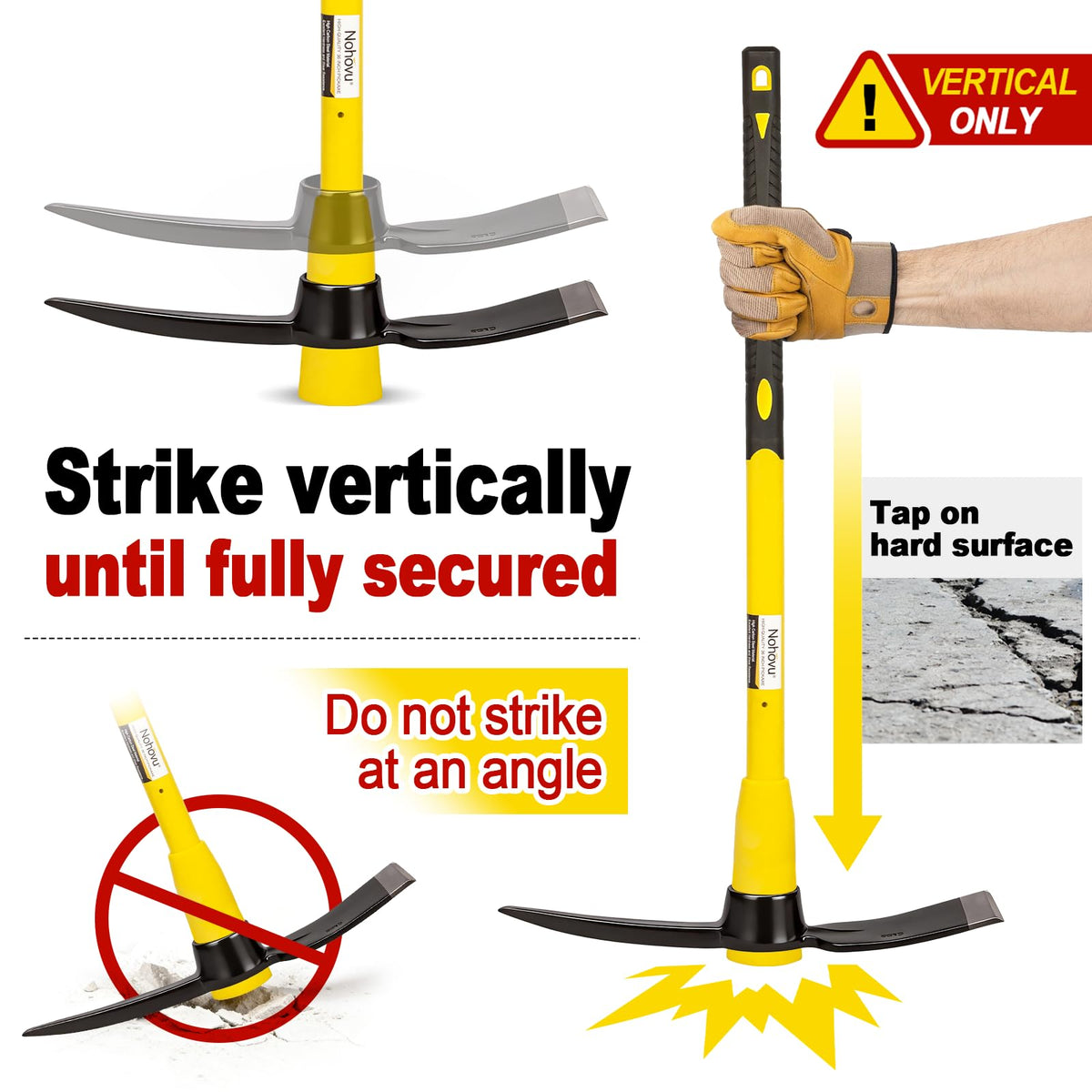 Nohovu pickaxe fiberglass handle provides lighter, resilient grip
