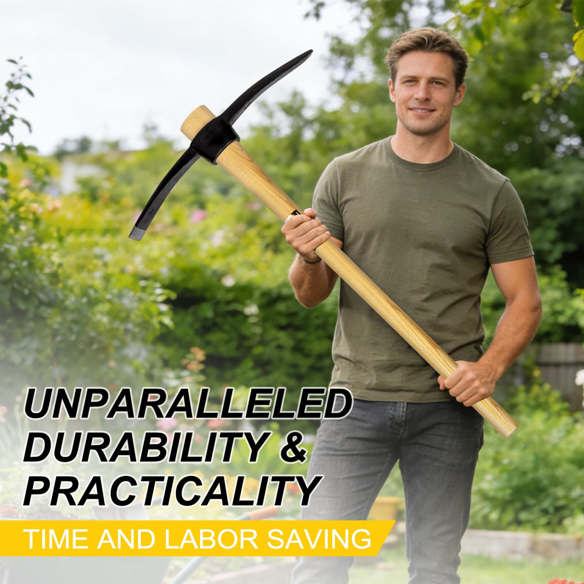 Nohovu pickaxe loosens soil with ease for garden beds.