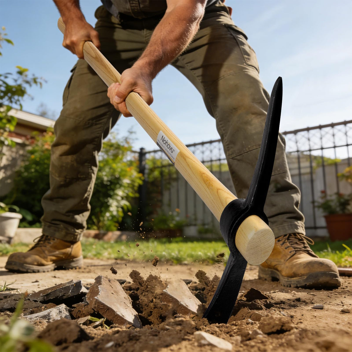 Nohovu wooden handle absorbs shock for smoother, less tiring work.