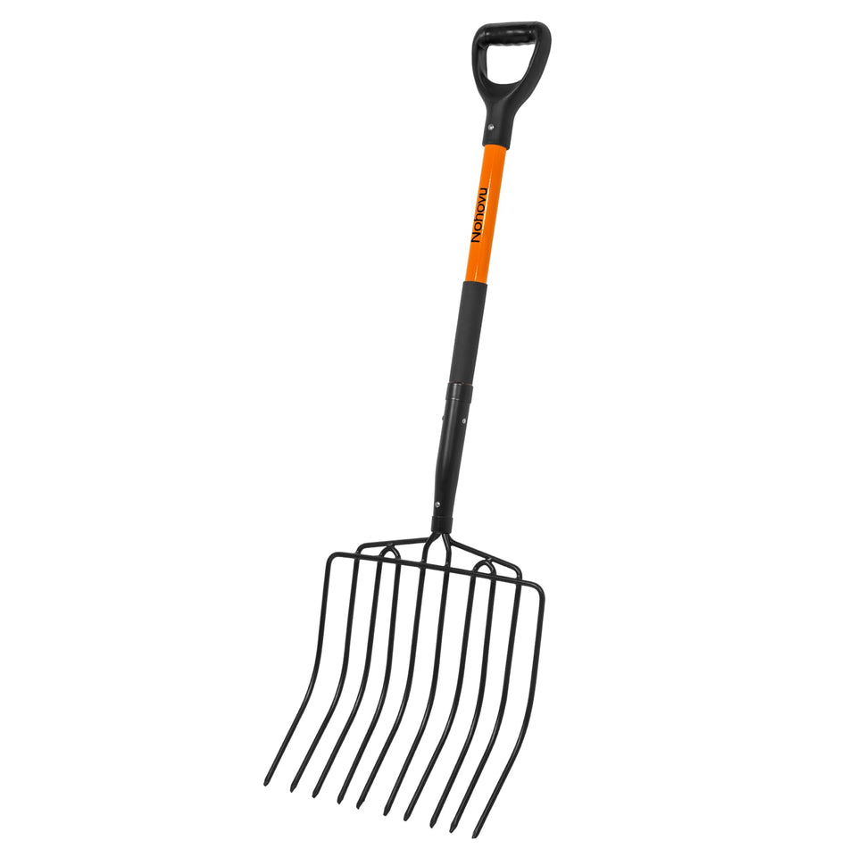 Nohovu pitchfork close-up with 10 tines and curved head for debris movement.