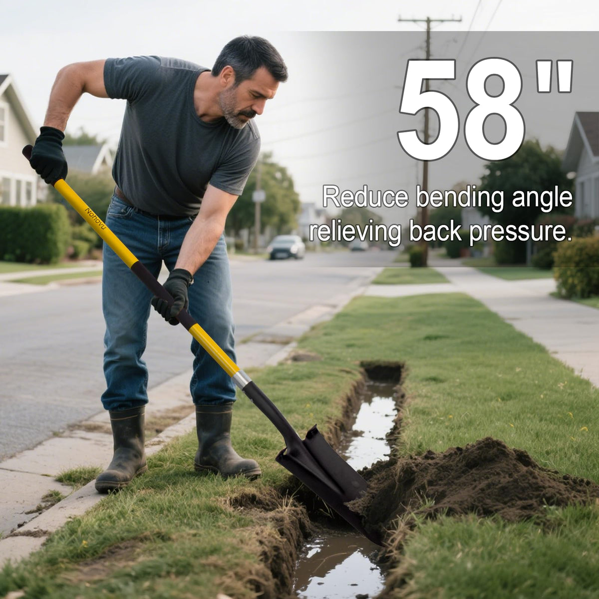 Nohovu Shovel with ergonomic 58-inch length for comfortable digging posture.