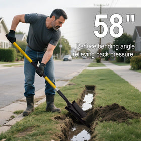 Nohovu Shovel with ergonomic 58-inch length for comfortable digging posture.