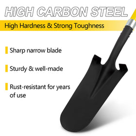 Nohovu Shovel with fiberglass handle for durability in tough soil tasks.