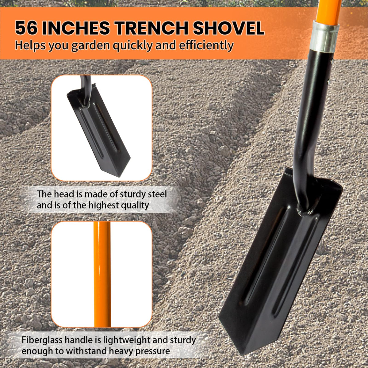 Nohovu trench shovel 56-inch length reduces bending and back strain.