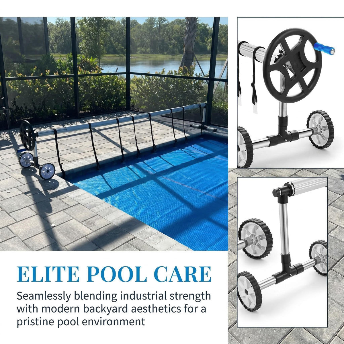 Nollapo solar cover on reel suggests heat retention and less evaporation.