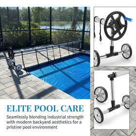 Nollapo solar cover on reel suggests heat retention and less evaporation.
