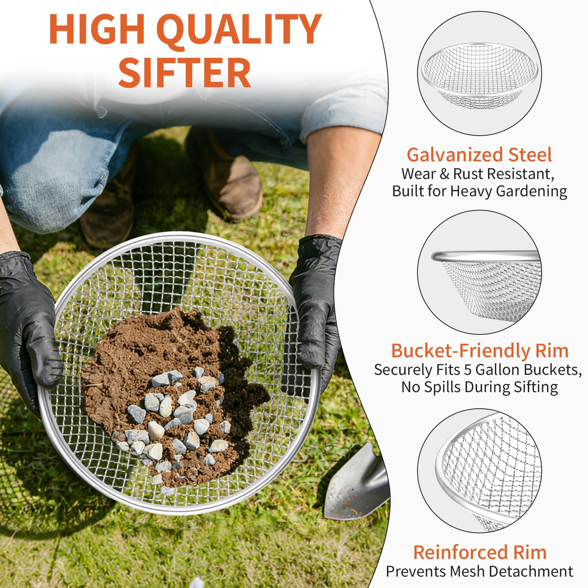 Nonley 6mm mesh sifter separates gravel and compost particles
