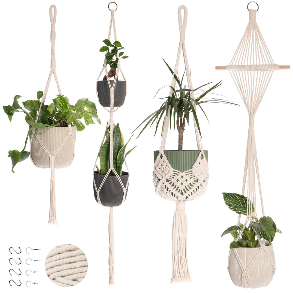 Nook Theory 4-Pack Macrame Hangers cream set, ideal for showcasing plants indoors.