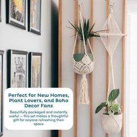 Nook Theory macrame planters with included hooks simplify setup.