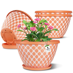 Nooulap 4-pack 10-inch planter with orange grid enhances balcony decor.