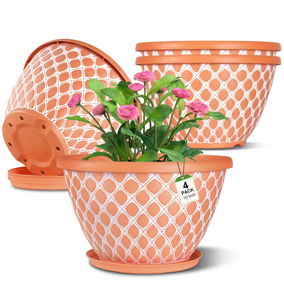 Nooulap 4-pack 10-inch planter with orange grid enhances balcony decor.