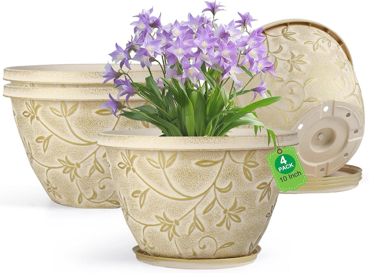 Nooulap 4-pack plant pot 10 inch with beige finish and gold magnolia pattern for stylish display.