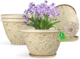 Nooulap 4-pack plant pot 10 inch with beige finish and gold magnolia pattern for stylish display.