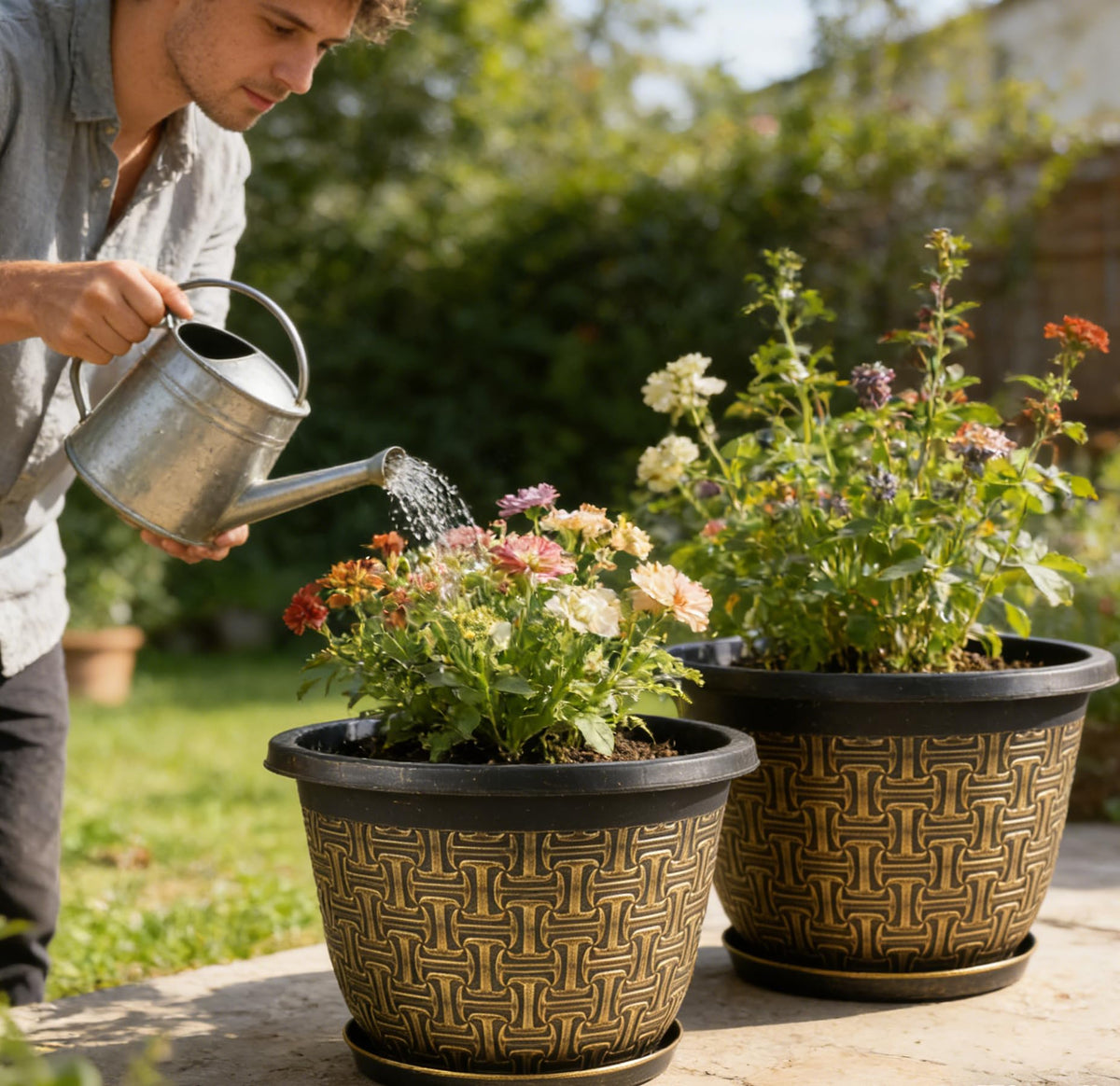 Nooulap pots with drainage holes and trays help manage excess water.